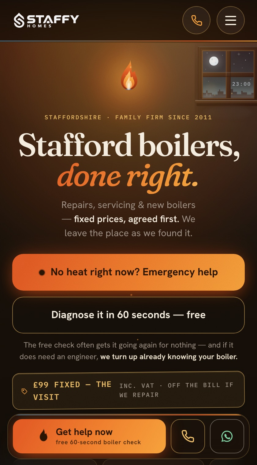 Built on Anvul: the live site for Staffy Homes, a boiler firm — the night-time hero, fixed prices agreed first, emergency help and a free 60-second boiler check, shown in a phone frame